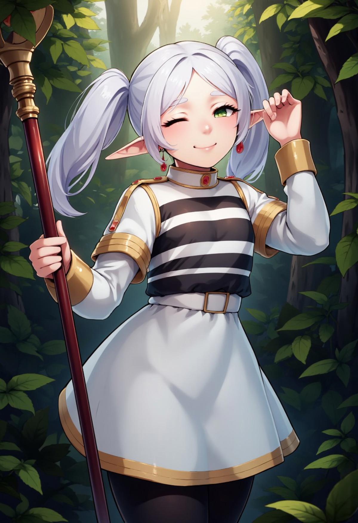 zzCitronCAT, nereirfpnxl, frieren, elf, pointy ears, green eyes, white hair, twintails,
The girl is wearing a striped shirt with long sleeves as well as a white skirt. She also wears black pantyhose, jewelry and earrings.
She is standing inside a forest. She is grinning with one eye closed, winking.
She is holding a staff with one hand and adjusting her hair with the other