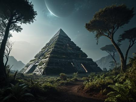landscape of an unexplored planet from the Mass Effect universe, huge Protean pyramid with luminescent strange patterns, intricate mystical dreamlike melancholic maiden, masterpiece, intricate, Hasselblad x2D 100c, ISO 300, 1/250s, F/2,8, 38 mm, extremely high quality RAW photograph, surrealistic dense vegetation, fantastically shaped trees, SR1 Normandy spacecraft standing in the background, 8K, HDR, depth of field, dark high-contrast, extremely detailed, atmospheric haze, dramatic lighting, high contrast, intense shadow play, dark palette, <lora:add-detail-xl:1.2> <lora:Bio-Luminescence:0.6> bioluminescent, glowing,  <lora:xl_more_art-full_v1:0.6>