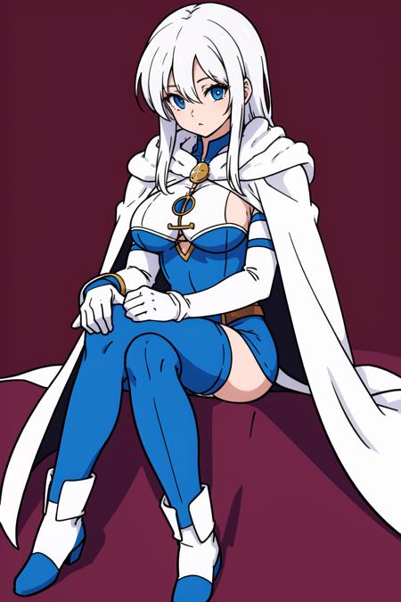 simple background, 
1boy, solo, white hair, blue eyes, large breasts, bodystocking, white cape, sitting, long hair, gloves, 