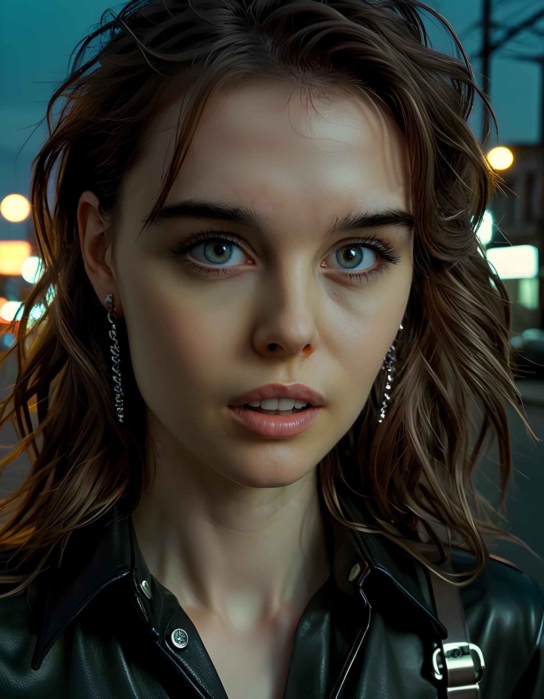 In a gritty, neo-noir cityscape at twilight, the camera is positioned low and angled upwards, capturing a striking close-up of CHR15T1N3B, a woman with long, wavy brown hair cascading down her back, adorned in a unique, black leather outfit with intricate silver studs and chains. Her piercing green eyes are fixed on the horizon, while her full lips are parted slightly to reveal perfectly white teeth. A pair of dangling, shimmering earrings catch the fading light, accentuating her high cheekbones. She is posed confidently, one hand casually tucked into the pocket of her fitted shirt, the other resting on the hilt of a sleek, silver sword sheathed at her side. The image is bathed in the soft glow of streetlights, casting long shadows and creating an ominous yet empowering tone.