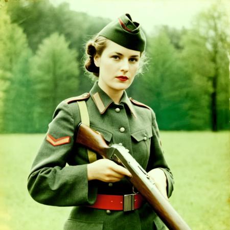 analog film photo of (Cinematic Film stock footage style) in (Arri Alexa style) (Kodak film print style), Polarizing Filters, high contrast color
 <lora:cinematic ww2 style:1.5>
a ww2 woman in military uniform holding a rifle cinematic ww2 style, faded film, desaturated, 35mm photo, grainy, vignette, vintage, Kodachrome, Lomography, stained, highly detailed, found footage