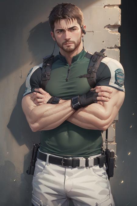 (masterpiece, best quality:1.2), <lyco:residentevil_chrisredfield-11:1.0>, cowboy shot, solo, male focus, 1boy, chris redfield, muscular male, looking at viewer, crossed arms, green taut shirt, white pants, (fingerless gloves:1.1), belt