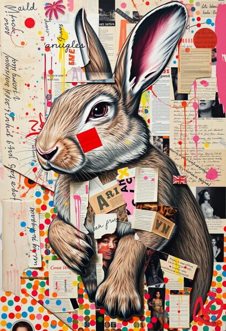 A boldly coloured mixed-media collage in the style of Jacques Prévert with an urgent sense of chaos and energy blending fragmented styles, layers and textures.
A deconstructed collage image of a sexy female rabbit very large breasts faking an orgasm.
Layered over this and partially obscuring the image are multiple fragmented and overlapping layers of chaotic thick paint, splatters, handwritten scrawled text messages, torn photographs and broken distorted pornographic images filling the canvas. 
Layers of repetition of brightly coloured dots in Yayoi Kusama style.