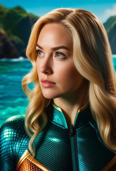 Centered, Incredibly Detailed Accurate Picture Of Blonde Woman In Aquaman Uniform Looking off Into The Distance, close-up portrait, shallow depth of field, warm color grading, Oil painting, linkedin portrait, by Aaron Garbut, by Charles Willson Peale, by Nadar, close up, natural beauty