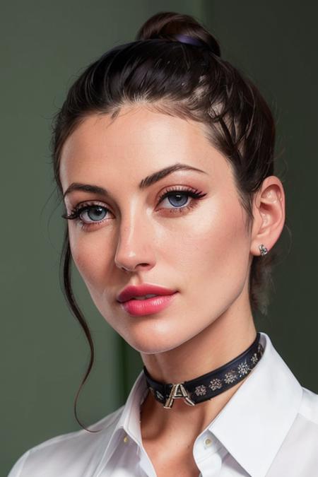 photo of juliabenson:0.99, a 25 year old woman with ((hair up, hair in bun, black hair):1.2),((perfect skin, flawless skin);1.1),  ((closeup, portrait):1.1), ((collared shirt, dress shirt, choker):1.1),(classroom, chalkboard):1.2), ((detailed face, beautiful face):1.1), ((lipstick, eyeliner, eye shadow):1.2),((best quality, masterpiece, extreme details):1.2) ((beautiful face, beautiful eyes, detailed eyes, detailed face):1.2)