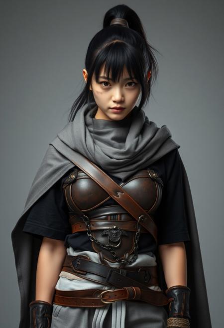 full shot of a japanese ninja girl, She has a tall ponytail hair style, She has a scar in the right eye, She wears a grey scarf cape, She wears two warrior belts with chains, she wears a Battle leather corset, she wears a black T-shirt, she wears light grey Explorer trousers, photography studio style, hyper realistic, ultra detailed