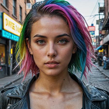 epic realistic, DV_Karah_Vicious, cyberpunk lanscape, ultra realistic, cinematic lighting, ultra detailed, detailed gorgeous face, beautiful girl, olive skin, medium length rainbow hair, simetric face, good anatomy, deusamelada, (Masterpiece:1. 3), (best quality:1. 3), <lora:add_detail:0. 4> <lora:epi_noiseoffset2:0. 4> <lora:hairdetailer:0. 6> <lora:more_details:0. 3> <lora:add-detail-xl:1. 2> <lora:DetailedEyes_V3:1. 2> <lora:sd_xl_offset_example-lora_1. 0:1. 2>, (natural skin texture, hyperrealism, soft light, muted colors), background, rutkowski, rim light