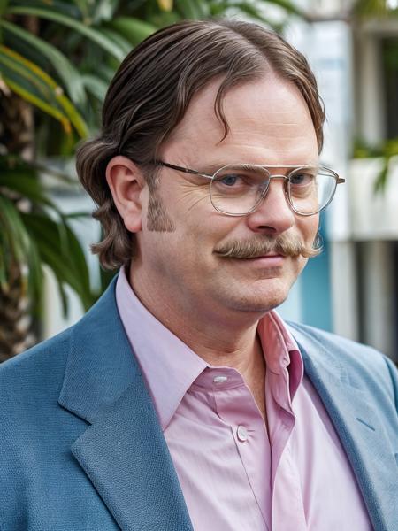 dwightschrute portrait photo of a man with a (mullet haircut:1.2) and (mustache:1.2) wearing glasses and blue suit with pink bahama shirt smiling office building and palm trees in the background, high quality, very sharp, professional photography <lora:hjdwightschrute_v10:0.7>