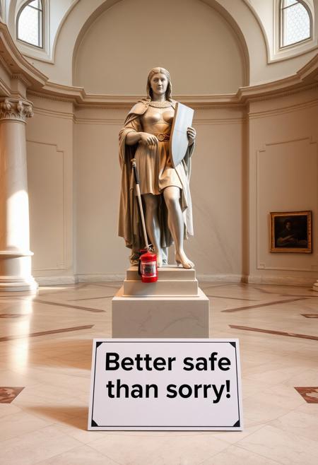 Create an image of a statue of Giovanna d’Arco (Joan of Arc) displayed in a museum setting. The statue should have a classic, realistic style, capturing the figure in her iconic armor, holding a sword and shield. The setting is an elegant, spacious museum with marble floors and soft lighting highlighting the statue. Near the base of the statue, there should be an extinguisher (extintor) subtly placed in the scene, offering a contrast between the historical figure and the modern, functional object. In the foreground, include a small panel with the text ‘Better safe than sorry!’ in a playful, modern font, emphasizing the juxtaposition of ancient history and modern safety. The atmosphere should evoke a sense of reverence for the past, but with an unexpected, almost humorous twist.