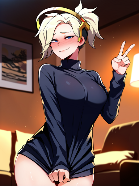 score_9, score_8_up, score_7_up, best quality, masterpiece, sfw, source_anime
BREAK
1boy, solo, mercy \(overwatch\), cowboy shot, blush, smug, black sweater, no pants, living room, v sign,
<lora:sd_xl_dpo_lora_v1:1> <lora:ratatatat74_pony_v1-000015:1>