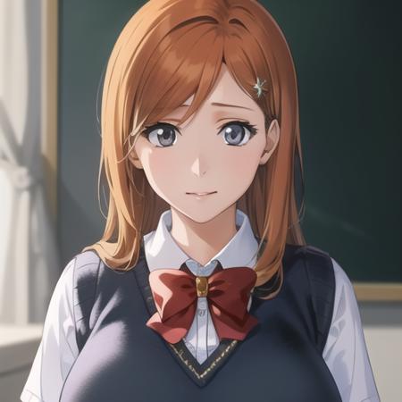 (masterpiece, best quality:1.2),illustration,8k,hd,1girl,solo,inoue orihime,large breasts,school uniform,orange hair,long hair,bow,grey eyes,hair ornament,sweater vest,pleated skirt,kneehighs,hair ornament,loafers,<lora:Inoue Orihime:0.7>,