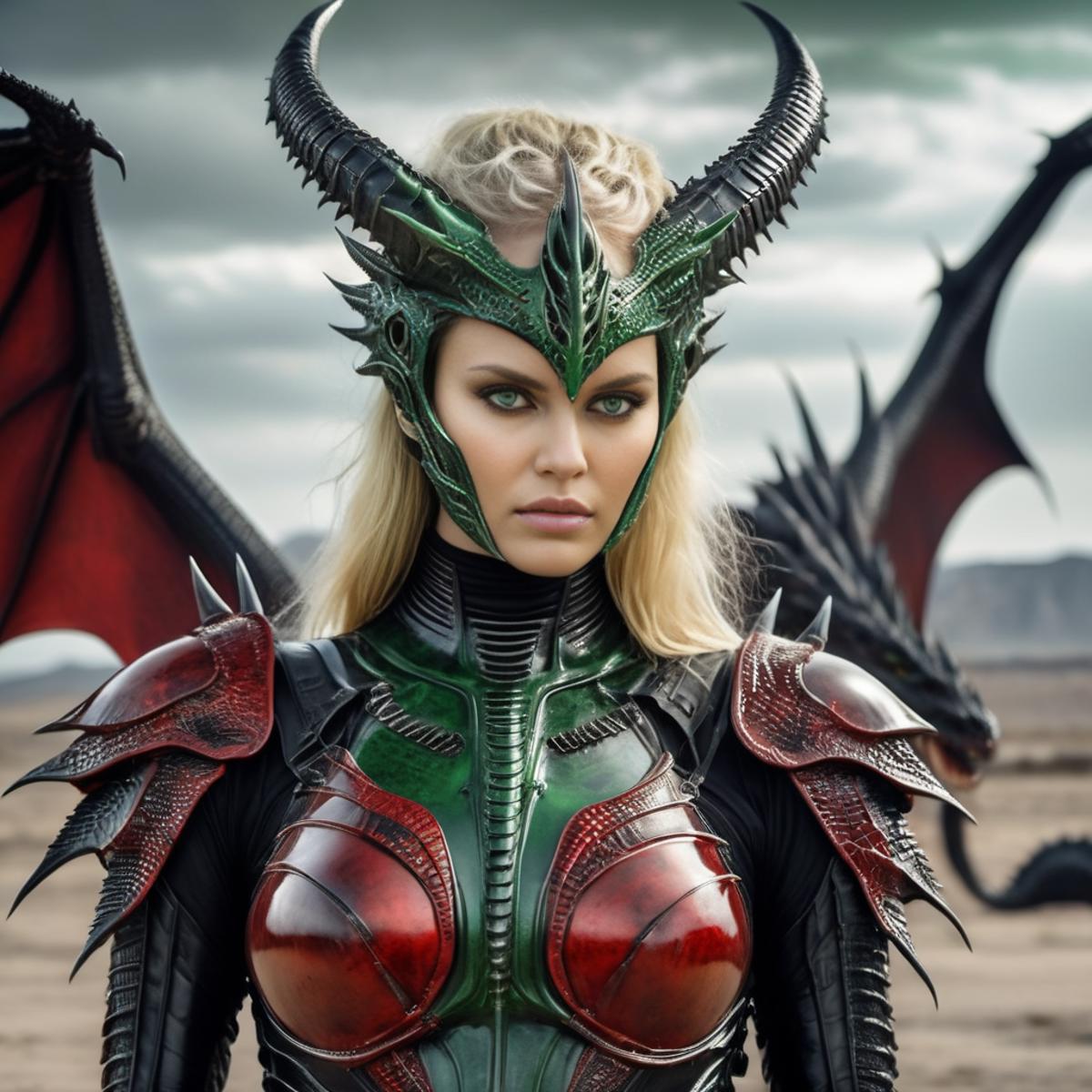 Woman wearing a green dragon costume with red accents.