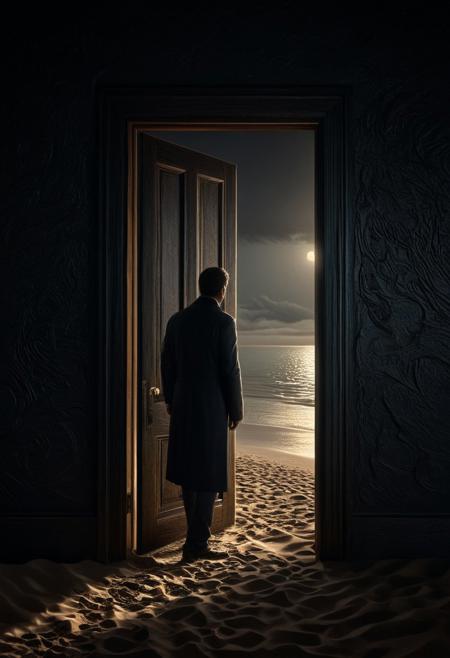 highly detailed, high quality, digital illustration, intricate details, light reflection, trending on artstation, volumetric lighting, extremely clear 8k wallpaper.
A man is opening a closed door on a beach that glows magically. Sense of foreboding, (reflective volumetric), raytracing, absurdres.
scenery, gloomy, dark atmosphere, midjourneyv6.1,