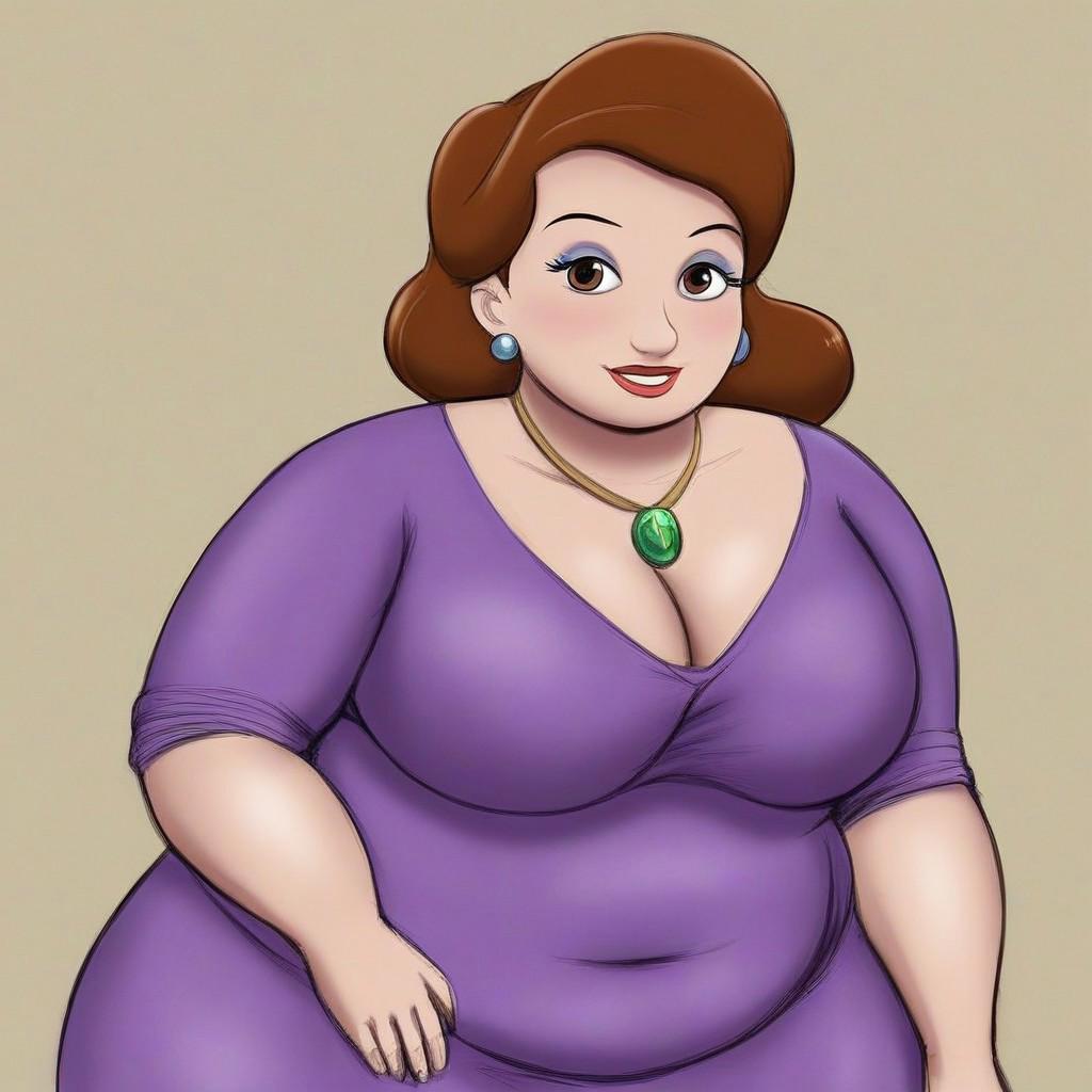 plump, chubby, brown hair, mature woman, pink and purple dress, earrings, makeup, green gem necklace, Disney artstyle