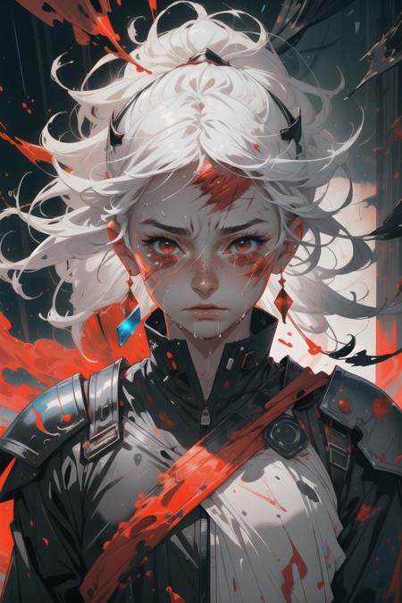 white hair, long hair, freckles, earrings, 
(upper body:1.1), (particles:1.2), (sparkles:1.1), flames, (tears:1.3), (crying:1.2), (wet face:1.1), 
(torn clothes:1.2), abstract, (red lighting:1.2), knight armor, armor, (bloody face:1.2), (blood:1.1), (scars:1.5), 
<lora:more_details:0.3>
<lora:AnimeVibesV3:0.3> animevibes,
<lora:Unleashed_V1.5:1.35>, shiny, shiny hair, shiny skin, shiny clothes