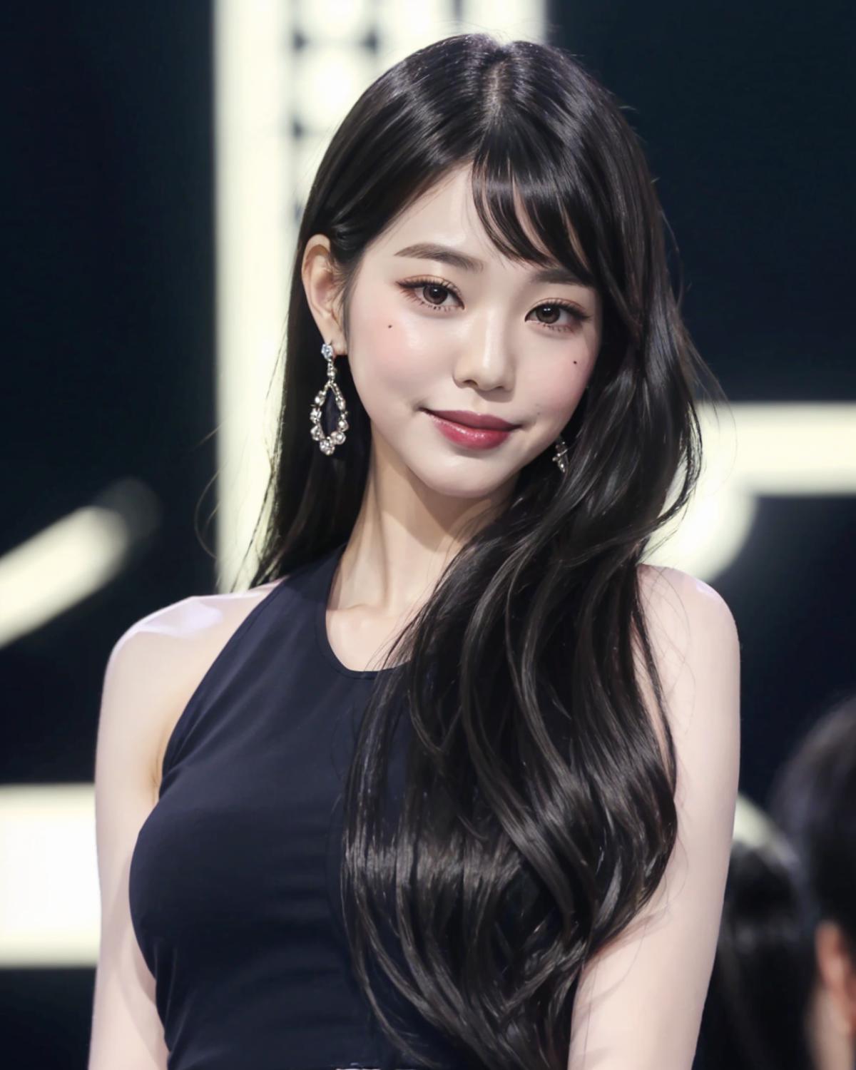 best quality,Jang_Won_Young, 1girl, solo, long hair, looking at viewer, smile, black hair, bare shoulders, jewelry, closed...