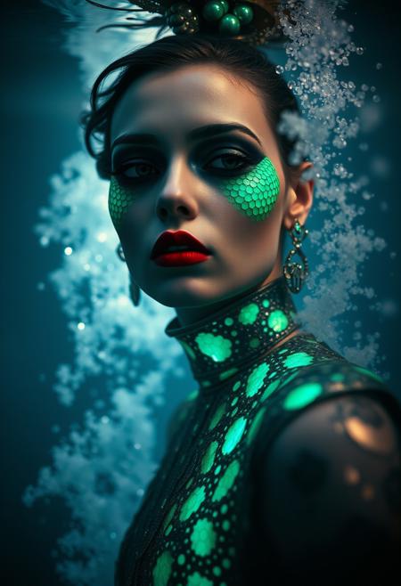 By Eric Lacombe By Patrice Murciano Frostpunk Fashion Photography, underwater environment, minimalism, smoked eye shadow, illuminated green-blue bulging biomorphic dot pattern, underwater landscape, volumetric particle dust, vivid color, misty aether houte - couture rococo metal  clothing, holga medium format camera, etherial lighting, backlighting, in the style of. . ., professional ominous concept art, by artgerm and greg rutkowski, an intricate, elegant, highly detailed digital painting, concept art, smooth, sharp focus, illustration, in the style of simon stalenhag, wayne barlowe, and igor kieryluk.