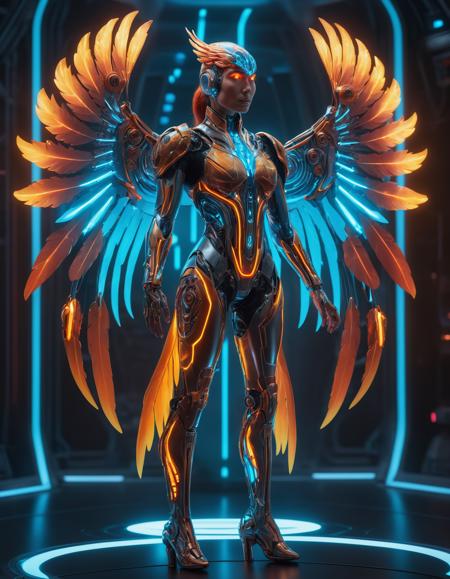 award winning futuristic photograph, full body, cyborg phoenix, fractal, neon, hologram, sleek, gleaming, chroma, rim lighting, volumetric, 8k resolution, trending on art station