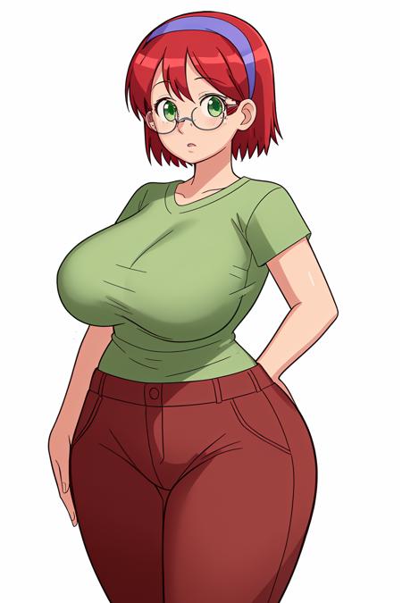 <lora:Judith_-_Summertime_Saga:0.8>, 1girl, large breasts, short hair, red hair, glasses, round eyewear, green eyes, hairband, purple hairband, blue hairband,
 shirt, brown pants, short sleeves, pants, green shirt, t-shirt,
curvy,
white background,