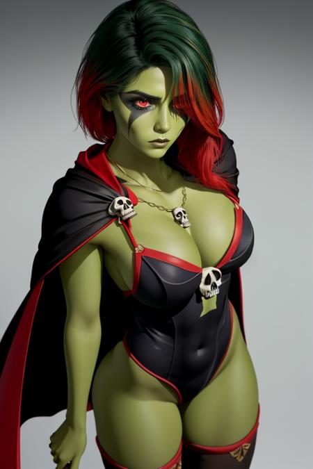 Gamora,green skin , multicolored hair,red eyes,hair over one eye, makeup, standing, upper body,  serious,   cowboy shot,  from above, 
leotard, boots, cape, skull necklace, cleavage,  navel, black thighhighs,   cape, 
alien planet, 
(insanely detailed, beautiful detailed face,beautiful detailed eyes, masterpiece, best quality)
 <lora:Gamora:0.7>