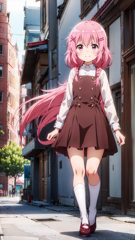 moeta kaoruko, 1girl, pink hair, solo, hair ornament, x hair ornament, hairclip, pink eyes, long hair,
<lora:Moeta_Kaoruko:0.65>, standing,smile,cityscape,, masterpiece, best quality,