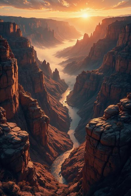 Spooky Art Drawing.  aidmafluxpro1.1. Panoramic view of the Grand Canyon at sunrise, with the warm golden light casting a dramatic glow on the rugged terrain. The Colorado River winds its way through the valley below, a tiny ribbon of blue against the vast expanse of rust-red rock formations. A delicate mist shrouds the canyon, adding an air of mystery to this breathtaking scene.