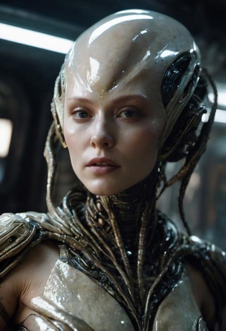 intricate cinematic movie inside spaceship, still of an alien, sexy curvy body, cone head, small defined jaw, big cheekbones, with bio-metallic armor extensions, (extremely detailed pale skin with visible respiratory pores : 1.2), excessively wrinkled, powerful claws,
extremely high quality RAW photograph, exquisite details and textures, highly detailed, ultra detailed photograph, dramatic cinematic lighting, 4k,
highest resolution, (bokeh:1.3), (best quality, masterpiece:1.3), ultra high res, 16k unity wallpaper, intricate details, highest detailed, sharp focus, extreme shadow-play, low key, backlit, (filmgrain:1.3)
dramatic full body shot, wide angle view, dynamic pose, dusty atmospheric haze, mesmerizing fog, dark pastel colors, black and orange hue,
in the style of Nicola Samori
 <lora:add-detail-xl:0.8> <lora:epi_noiseoffset2:0.5> <lora:NicolaSamori:0.7>