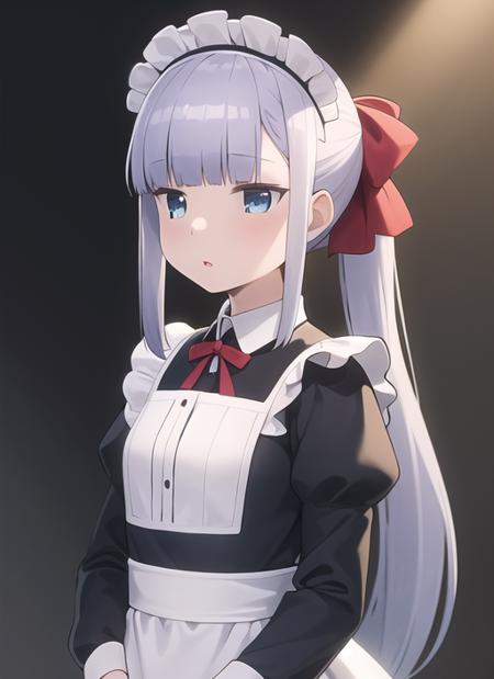 aharen reina,1girl, maid headdress, solo, maid, apron, maid apron, blue eyes, bangs, upper body, white apron, dress, long hair, hair ribbon, ribbon, red ribbon, parted lips, grey hair, ponytail, blunt bangs, sidelocks, long sleeves