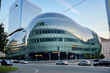 <lora:YourBlobitecture_XL:1> , ((blobitecture)), ((masterpiece)), ((best quality)), scenery, outdoors, sky, building, day, tree, city, real world location, road, motor vehicle, lamppost, window, reflection, curvy, curtain wall, glass,, photography, capturing moments, storytelling, creative composition