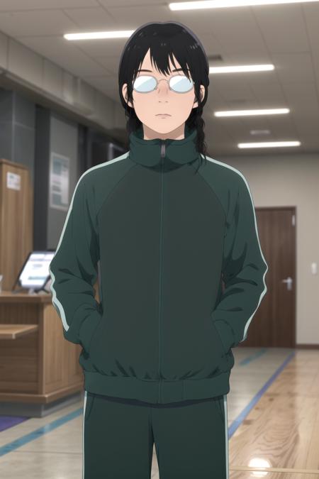 masterpiece, best quality, high quality, highres, high res, absurdres, ultra-detailed, best anatomy, detailed eyes, perfect eyes,
Leaning forward, hands braced on knees,
makoto_kurume, opaque glasses, solo, 1girl, braid, black hair, jacket, glasses, track jacket, green jacket, track suit, track pants, (no eyes:1.2),  <lora:makoto_kurumeV1:0.85>