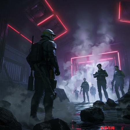Art by Zhang Jing. A sci-fi digital illustration shoot from a low angle about a futuristic scene featuring a group of soldiers in a dimly lit industrial environment. the scene is set in a large, metallic structure with a high ceiling and glowing red lines. on the left side of the image, a lone soldier stands in the middle of the scene, wearing a helmet and holding a gun, facing away from the viewer. he appears to be in a battle-ready stance, with a determined expression on his face. to his right, another soldier stands behind him, holding a weapon in his hand. in the background, a few other soldiers can be seen, observing the scene. the overall atmosphere is intense and dramatic, with smoke and rocks surrounding the soldiers and a glowing red light illuminating the scene from behind.