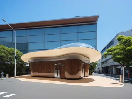 <lora:JJsPublicToilet_XL:1>, masterpiece , best quality, ((Public Toilet)), outdoors, sky, day, tree, blue sky, ground vehicle, building, scenery, motor vehicle, walking, city, car, road, lamppost, street, real world location,  highly detailed, curvy, wood, glass, canopy,