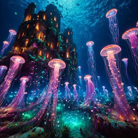 masterpiece, best quality, ultra-detailed, vivid lighting, wide-angle underwater shot. A vast, dreamlike marine world glowing with vibrant, bioluminescent light. The ocean floor is teeming with life — coral towers and waving sea anemones in radiant purples, pinks, blues, and greens, each pulsing softly like underwater lanterns. Enormous jellyfish drift slowly through the water, their translucent bodies trailing long luminous tendrils. Schools of small fish swim in coordinated patterns, their scales reflecting the colored light like polished glass. Gigantic deep-sea creatures hover silently in the distance, casting shimmering shadows over the reef. The bioluminescent sources — fish, flora, and mysterious deep-sea entities — are the only illumination, painting the scene with brilliant, surreal hues. The water is crystal clear, filled with glowing particles in constant motion, giving the impression of drifting stardust. Mood: awe-inspiring, enchanted, full of movement and life.