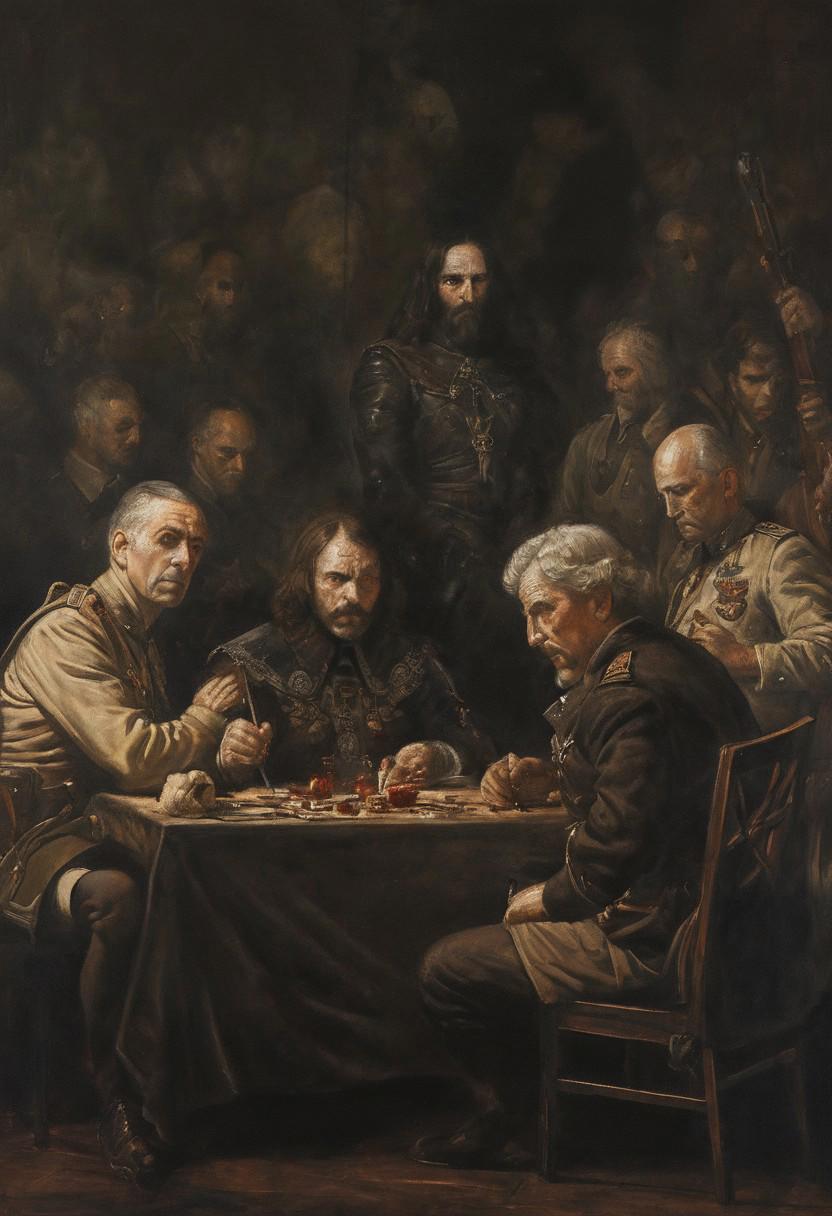 Dark and ominous oil painting, inspired by the lyrics of Black Sabbath's "War Pigs", featuring a group of generals gathered around a table, plotting destruction and chaos. The painting is highly detailed and realistic, with deep shadows and rich colors. It is reminiscent of the works of Rembrandt and Caravaggio. The composition is symmetrical, drawing attention to the center where the most powerful general sits. The lighting is dim, creating a sinister atmosphere. This piece captures the essence of war and its destructive nature through its use of symbolism and realism.