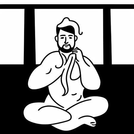 1man, solo, sauna, towel, male focus, towel around neck, closed eyes, sitting, nude, white background, minimal illustration, <lora:minimal_illustration_v1:0.8>