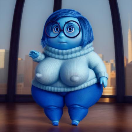 <lora:Sadness:0.75> anatomically correct, masterpiece, best high quality, RAW Photo, perfect anatomy, 4k, quality lighting, detailed hands, detailed feet, detailed eyes, solo, small, overweight, female character, turtle neck white top, blue pants, blue slippers, large round glasses, blue hair, blue skin, massive thighs, massive hips, massive sagging breasts <lora:BGV5EX:1> <lora:add_detail:1>