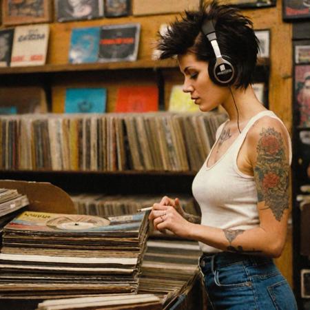 wide shot, 35mm, f/1.8, in a record store.
Chicago Record Store Owner,  Vintage shop, recommending vinyls, feisty punk rock girl, short spiky black hair with a blonde streak, perky boobs, petite , soft brown eyes, tight fitting graphic band tee, jeans shorts, great legs, vintage sneakers. Tattoos. Headphones on. Dancing. Messy hair. Film scene, where the shop owner is digging through crates with records, her eyes focused on the records, pulling out record covers, looking down, side view. smoking a cigarette.
low contrast, soft lighting, warm lighting, insanely detailed, cinematic film still, cover, high definition, highest resolution, UHD, vivid, JuggernautNegative, OverallDetail,