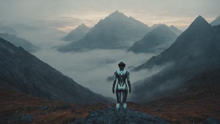 (Minimalist wide angle movie still), 1woman in a futuristic suit, mountains, north nature, muted tones, warm light, cold colors, low contrast, foggy