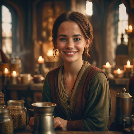 highly detailed documentary photo of vendor (coffee), 


cute face, 1girl, green eyes, coffee grinder, earrings, freckles, jewelry, lips, short hair, smile, window, steam, ponytail, 


cute face, looking at viewer,

depth of field, blurry background,

medieval store,

masterpiece, best quality:1.1, 

ultra photoreal,
photorealistic:1.0, 
depth of field:1.1, 
(edge lighting:1.2),
(shadow play:1.2),

50mm, style of Nathan Wirth, Hasselblad X1D II, Porta 160,
