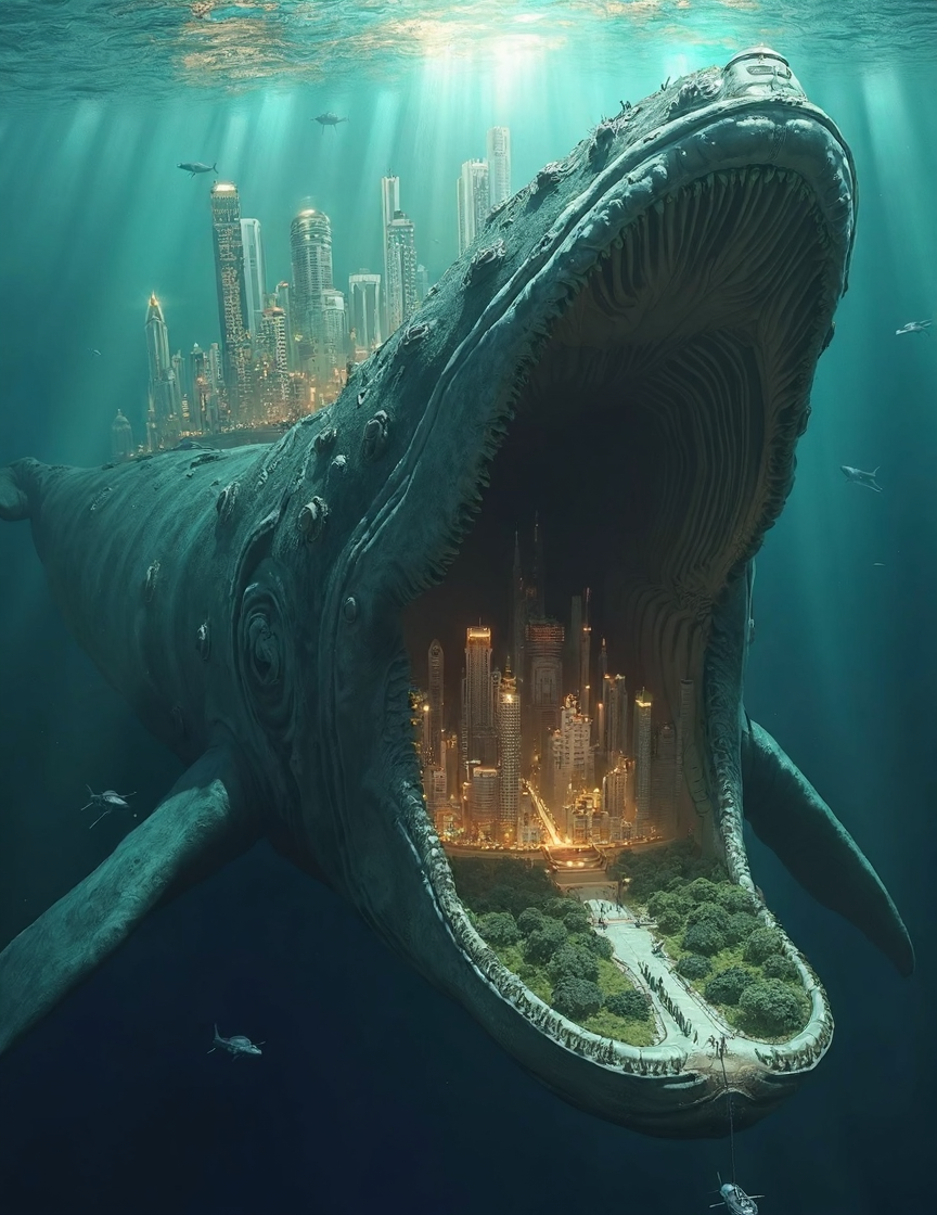 A surreal and fantastical scene where an enormous whale is swimming underwater with an entire cityscape contained within its open mouth and on its back. The city appears to be alive and bustling, with skyscrapers lit up and roads weaving through green park areas. The surrounding water is clear, casting a serene blue light over the scene, while beams of sunlight penetrate from above, highlighting the whale’s detailed skin texture and the city’s architecture. 