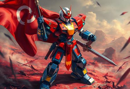 A Cyber Magician robot, predominantly red and blue, stands proudly on a Chaos Field, holding a flag and sword. The image features a detailed, high-resolution, 4K view of the robot's full body in an isometric dynamic action pose. The Cyber Magician robot's head is white with a red visor, its body is painted in a vibrant shade of red with a yellow and black striped pattern, and its arms and legs are blue. The robot's position and the relative positions of the flag and sword in its hands suggest a readiness for adventure. The image contains harmonious colors, stunning matte painting, and captivating lighting, showcasing the robot's intricate details, sharp lines, and brush strokes. This image is trending on Artstation and is an example of a golden ratio in contemporary aesthetics, with vivid emotions, a powerful message, and beautiful detailed eyes.