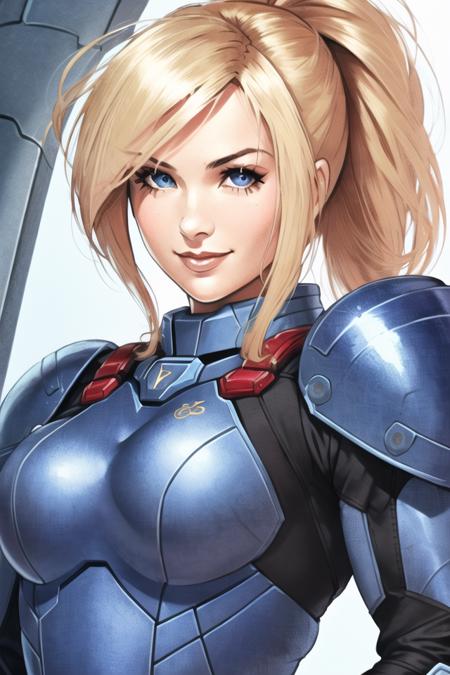 1girl, solo, samus aran, (blonde hair), ((blue eyes)), janrock-12000, ponytail, detailed face, detailed eyes, intricate details, (portrait), ((detailed pupils)), short hair, (zero suit), bodysuit, thick body, forest, street fighter, (((upper body))), looking at viewer, closed mouth, seductive smile, modelshoot style