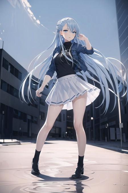 (best quality:1.1),(masterpiece:1.1),(illustration:1.1),(official art:1.1), look at cammera, front view,
city background, beautiful day sky,
1girl, solo focus, blue_hair, long hair, blue eyes, full body, standing ,dynamic pose, white skirt, black sock, black shoes,
(suzuna:1.2), <lora:suzuna:0.8>,