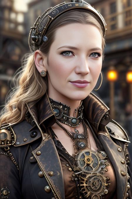 photo of woman, AnnaTorv, (front to camera), detailed european face, (aspiring facial expression), (((steampunk style close))), ((steampunk city on the background)), RAW, analog style, ultra detailed photograph, cinematic lighting, artstation, 4k, sharp focus, high resolution, detailed skin, detailed eyes,  <lora:AnnaTorv:0.6>