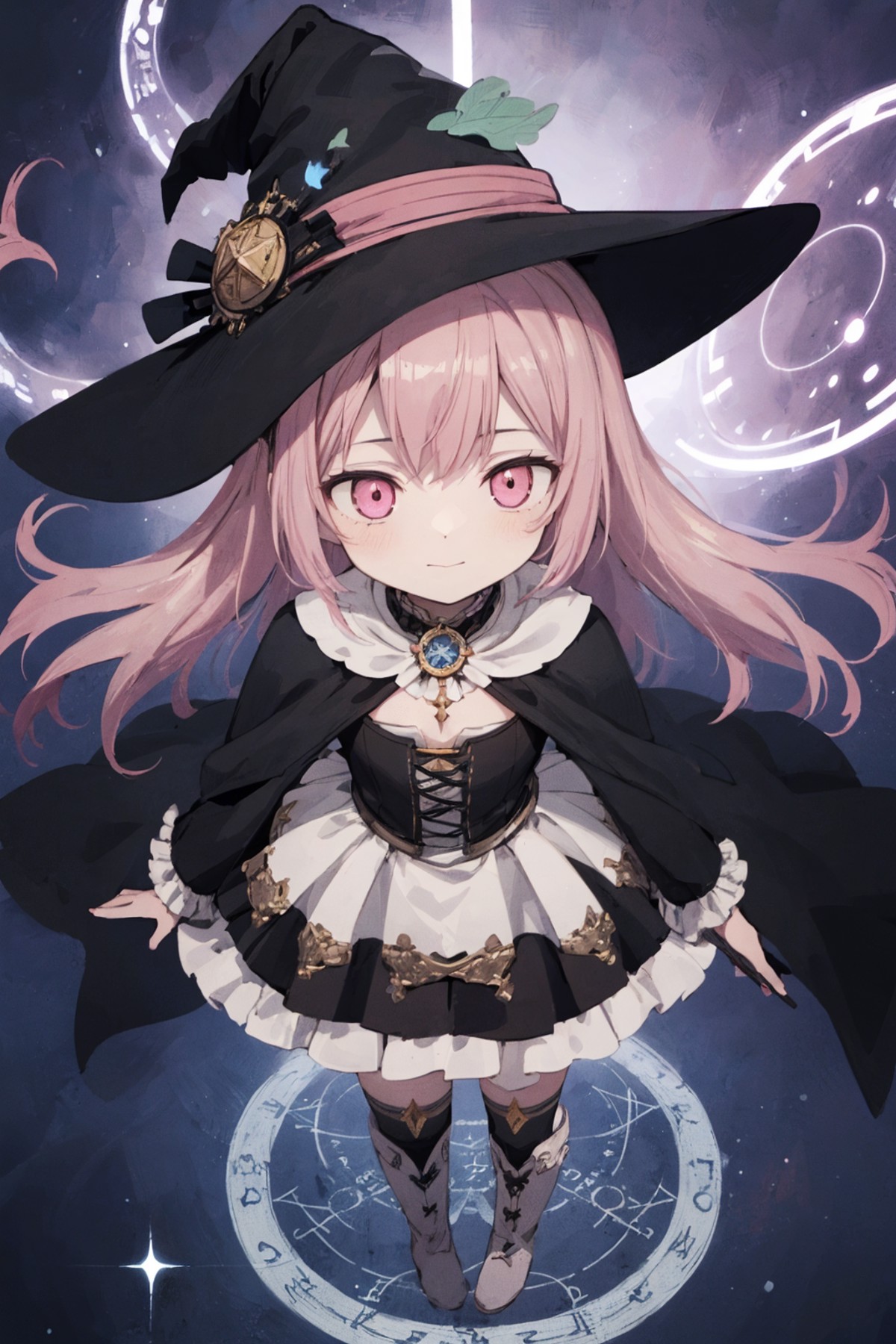 1girl, solo, stand up, Grimoire, aura outline, pink longhair, two side up, witch hat, witch dress, frilled skirt, petticoa...