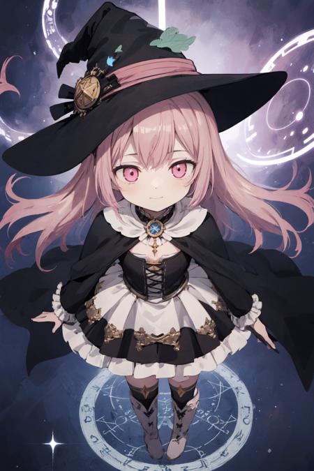 1girl, solo, stand up, Grimoire, aura outline, pink longhair, two side up, witch hat, witch dress, frilled skirt, petticoat, flat chest, thigh high, witch boots, soft smile, vivid, from above:0.8, forbidden sanctuary, magical circle, magical effects,  glowing  ethereal materials