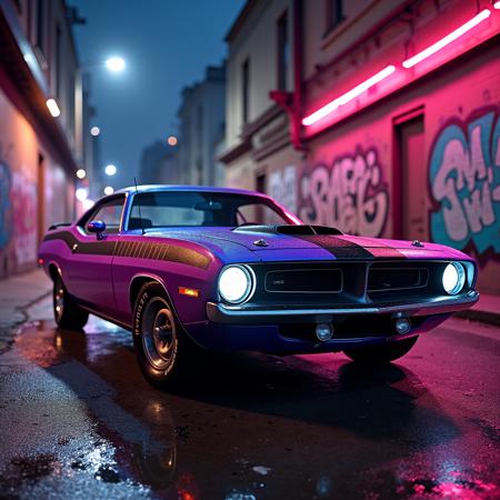 A 1971 Plymouth Hemi ‘Cuda, resplendent in a vibrant Plum Crazy Purple with a black shaker hood, parked in a neon-lit urban alley at midnight. The car’s aggressive billet grille and hockey-stick stripes glow under flickering streetlights, casting reflections on the wet pavement. The 15-inch steel wheels, wrapped in Goodyear Polyglas tires, gleam with a faint sheen of city grime. Graffiti-covered walls and a distant city skyline frame the scene, evoking a gritty underworld. Photorealistic details: faint rust on the chrome trim, scuffed side pipes, and a cracked side mirror. Moody neon lighting, soft bokeh, 8K resolution