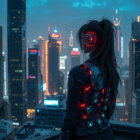 real estate photography style a hacker girl in a cyberpunk city rooftop, connecting to a vast digital network with cables running from her mechanical back, surrounded by neon-lit skyscrapers. professional, inviting, well-lit, high-resolution, property-focused, commercial, highly detailed