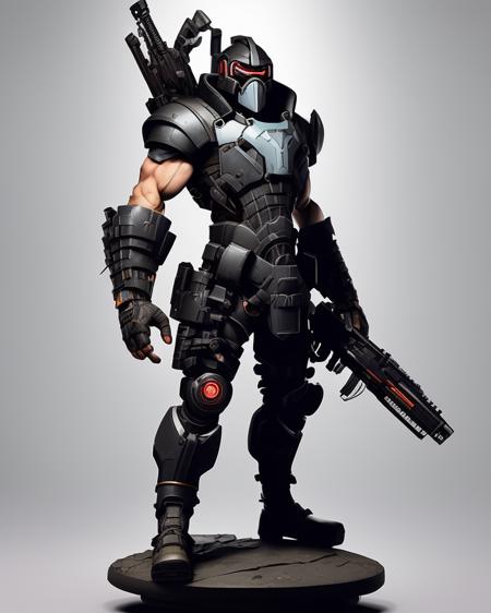 centered medium shot, a cartoon character with a gun in his hand and a machine gun in his other hand, standing in front of a white background, military shoes, cybernetic helmet, dusted floor, Doug Aitken, Fernando Amorsolo, mortal kombat stylistic, Altichiero, mecha, concept art, intricately decorated detailed armor elements, rayonism