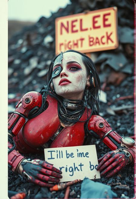 biomechanical style Photo of a broken ruined cyborg girl in a landfill, robot, body is broken with scares and holes,half the face is android,laying on the ground, creating a hyperpunk scene with desaturated dark red and blue details, colorful polaroid with vibrant colors, (vacations, high resolution:1.3), (small, selective focus, european film:1.2), with sign "We'll be right back", dappled light , blend of organic and mechanical elements, futuristic, cybernetic, detailed, intricate, Cinematic portrait photography, capture subject in a way that resembles a still frame from a movie, cinematic lighting, story, narrative quality, drawing viewers into the scene and evoking a sense of cinematic immersion, capturing emotion, professional, engaging, compelling composition
